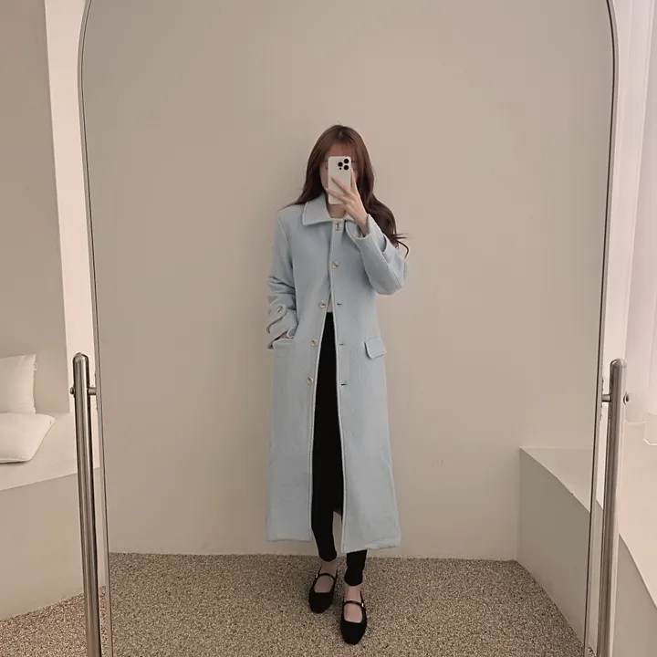 하이넥 부클 뽀글이 파스텔 허리 슬림 벨트 맥시 싱글 롱코트(3color)크리스마스룩 연말룩 상세 이미지 13