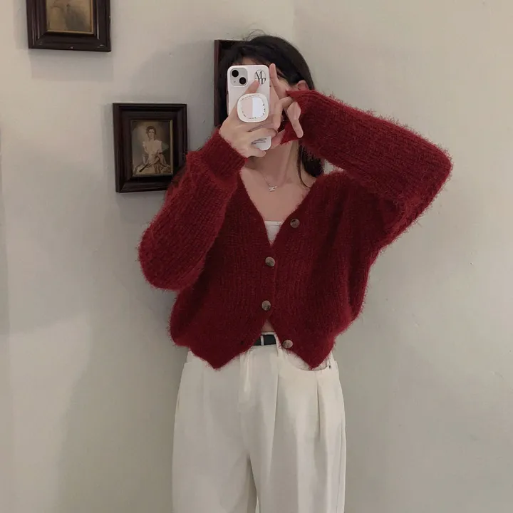 [🥀색감/부드러움 1등!]흐르는 여리핏, 솔잎 앙고라 브이넥 크롭 가디건 상세 이미지 6