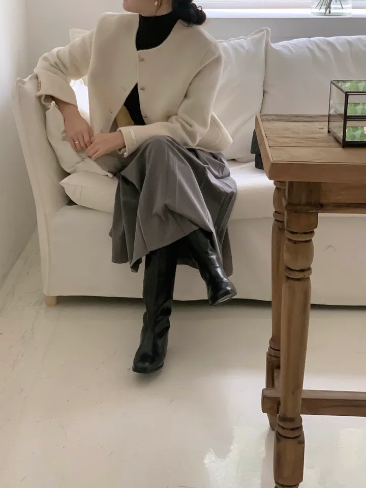 피넛 노카라 골드버튼 여성 겨울 포켓 세미 루즈핏 여자 핸드메이드 코트 상세 이미지 7