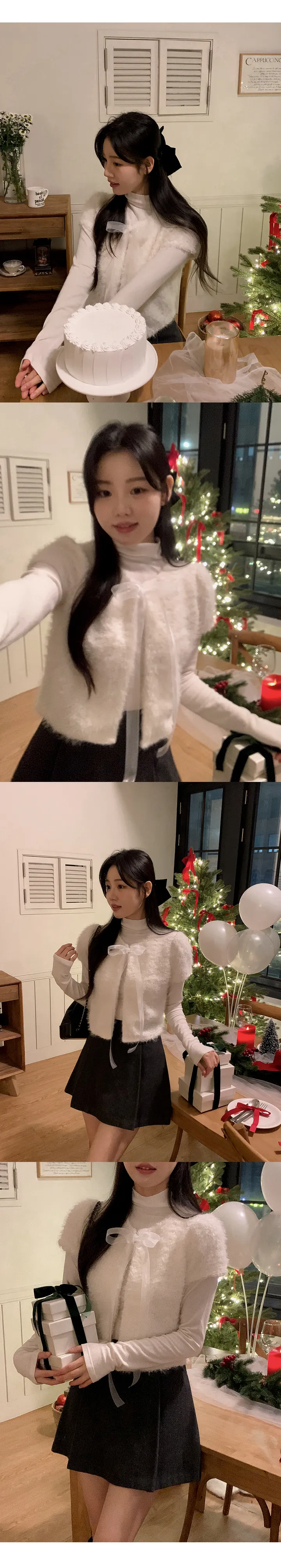 [하객룩][리본탈부착가능][리본 셋트][MADE][자체제작][국내 생산]스노우 시어 쉬폰 리본 퍼 반팔 가디건 (3color) 상세 이미지 8