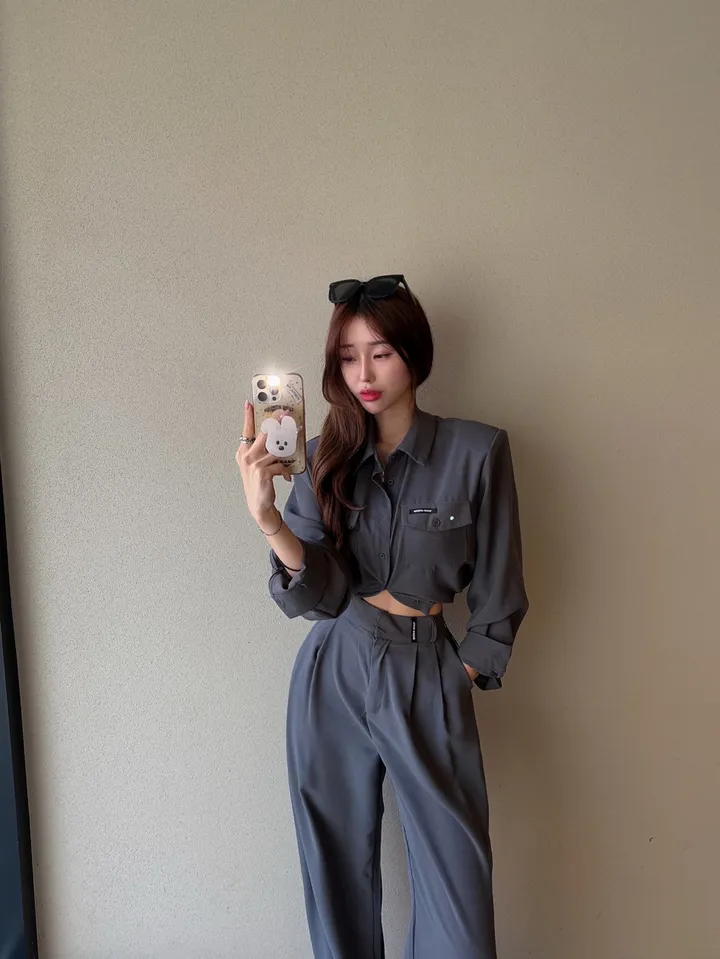 [패드내장/봄신상] 포켓 패치 스트링 또또 루즈핏 크롭 셔츠 남방 자켓 + 하이 롱 패치 버클 패치 와이드 팬츠 투피스 셋업 (2COLOR) 상세 이미지 14