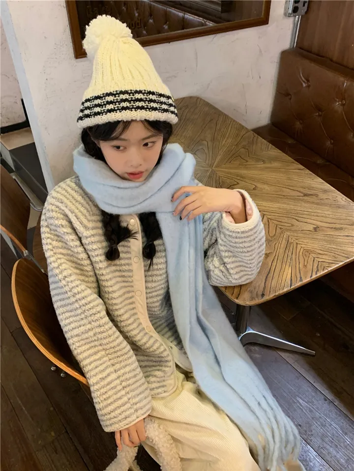 [봄신상💗/누빔안감]크림소다 잔줄 스트라이프 뽀글이 양털 논카라 자켓 상세 이미지 10