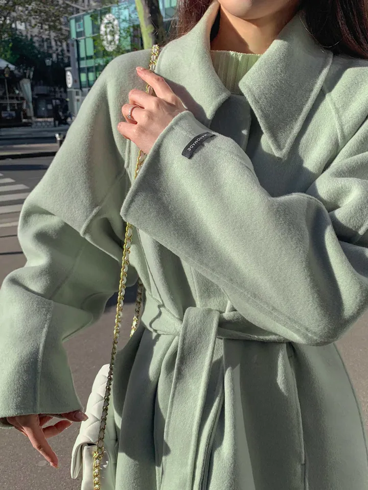 [메리노울100%🤎handmade] 백화점퀄 wool 핸드메이드 롱 울 코트 카라 로브 모직 루즈핏 벨트 싱글 히든버튼 트임 겨울 아우터 네이비 베이지 민트 3col 상세 이미지 41