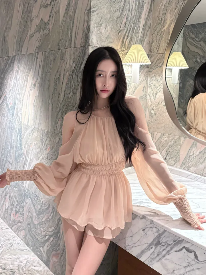 [요정템🧚] 물복숭아 쉬폰 플로럴 어깨트임 3단 코르셋 리본끈 투피스 세트 상세 이미지 3