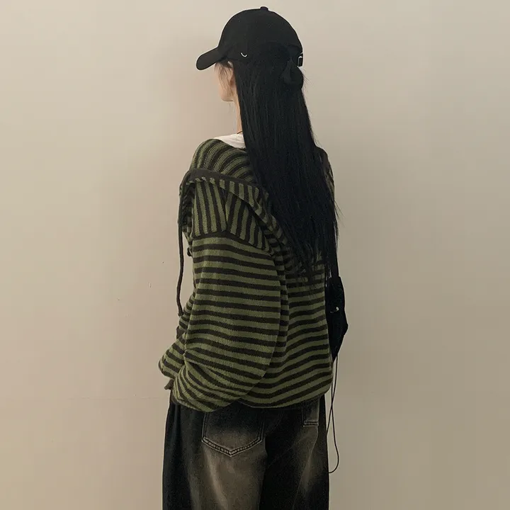 [울함유/폭닥✨] 빈티지힙 오버핏 스트라이프 단가라 니트 후드가디건 단추 집업 상세 이미지 8