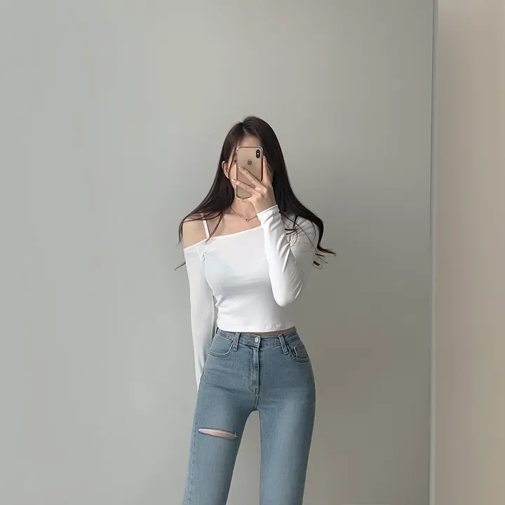 (여리여리!,언발트임) 코코 언발 어깨트임 오프숄더 슬림 크롭 티셔츠 5color (S/S) 상세 이미지 4