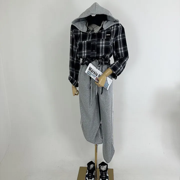[패드내장/데일리/캐주얼/코디추천템] 크롭 체크 후드 배색 패치 스트링 셔츠 남방 상세 이미지 15