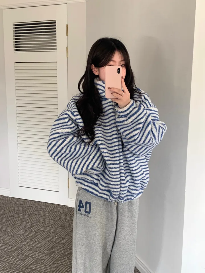 [☁뽀글후리스/투웨이] 뽀글 스트라이프 단가라 오버핏 후리스 / 스트라이프 점퍼 / 겨울 뽀글이 후리스 상세 이미지 20