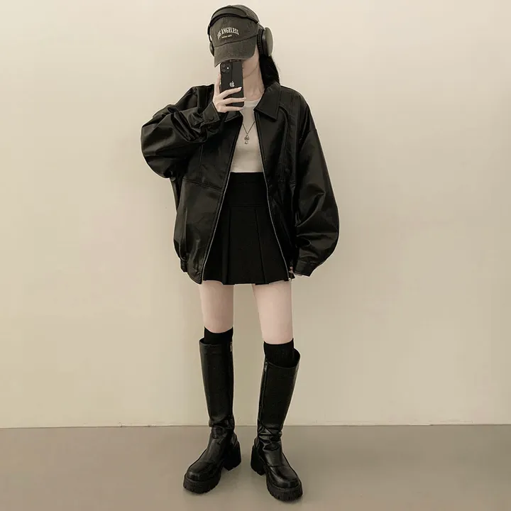 [찐오버핏/고퀄!] 카라 블루종 레더자켓 밴딩 시보리 점퍼 브라운 블랙 상세 이미지 21