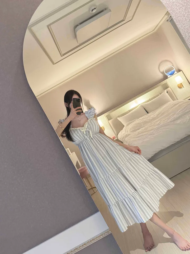 🖤주문폭주🖤 [캡내장] 프릴 스트라이프 민소매 원피스 여름 잠옷 홈웨어 파자마 상세 이미지 9