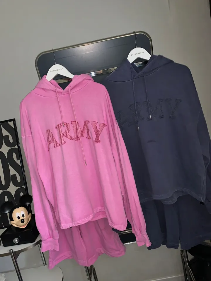 [세트가격🌠/남녀공용🧏‍♀️💕/도링룩단독💌] 피그먼트 아미 레터링 후드 밴딩 5부 반바지 커플 트레이닝세트 투피스 (3color) 상세 이미지 47