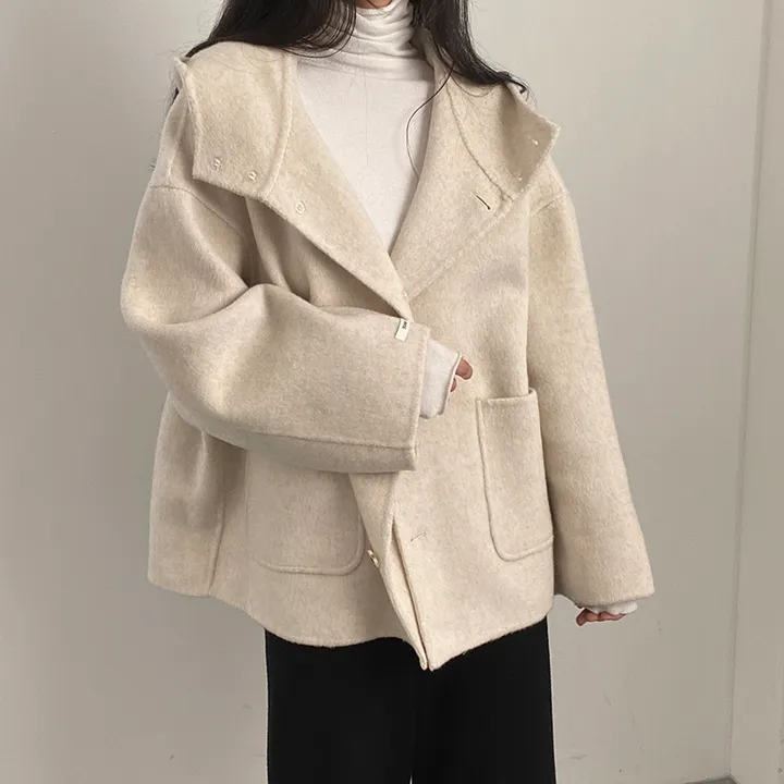 (껴입어도 넉넉한 사이즈) 오버핏 울 핸드메이드 후드 하프코트 상세 이미지 11