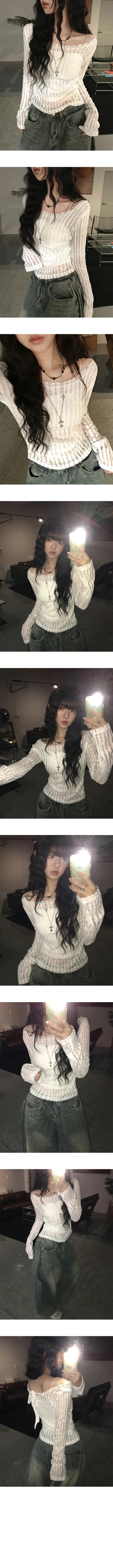 [넉넉슬림핏/살안타템🖤] 시오 데미지 시스루 보트넥 오프숄더 백리본 여름 긴팔 니트 티셔츠 4color 상세 이미지 4