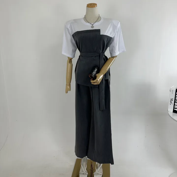 벨트포함[고퀄/패드내장/세트가격/하객룩/오피스룩/격식룩/추천] 루즈핏 언발 레이어드 셔츠 반팔 블라우스 패드 벨트 티셔츠+하이 밴딩 롱 슬랙스 와이드팬츠 셋업 SET(2COLOR) 상세 이미지 7