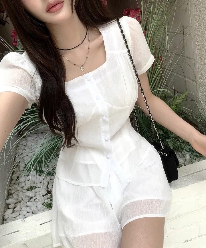 [투피스 set💗치마바지] 셀럽 스퀘어넥 허리끈 여름 하객룩 반팔 블라우스 미니 스커트 치마바지 투피스 세트 / 데이트룩 미니원피스 클래식블랑 상세 이미지 7