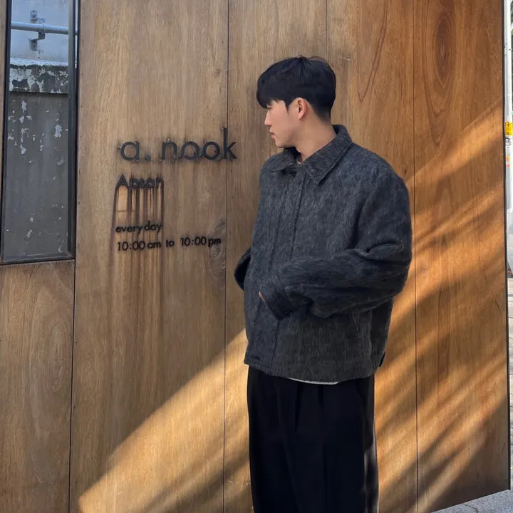 [캐주얼] 배색 남자 커플 오버핏 부클 털 모헤어 울 숏 하프 반 크롭 코트 점퍼 자켓 상세 이미지 26