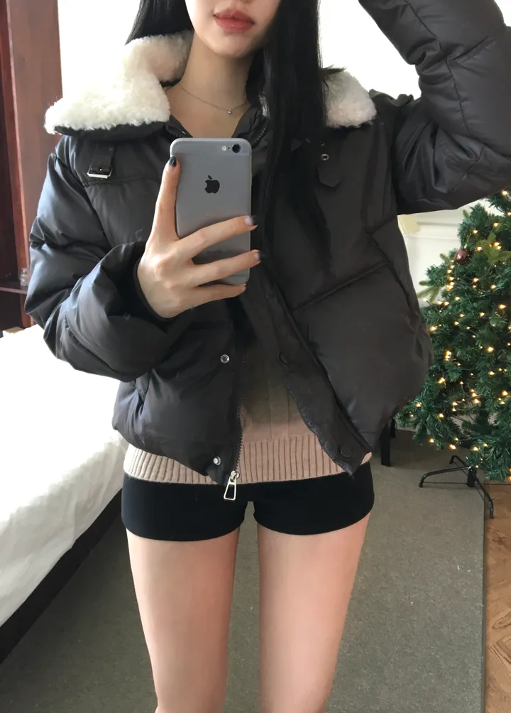 [부해보임X/주문폭주] 벌론 양털 뽀글이 카라 스트링 버클 레더 숏 패딩 상세 이미지 5