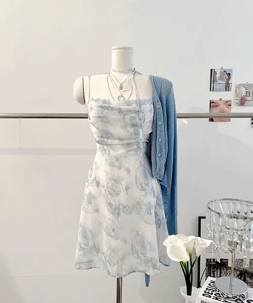 💙당일발송💙*미니/롱ver* [페미닌!/하객룩!] 페일 쉬폰원피스 뒷트임 타이다이 플라워 나염 리본 스트랩 A라인 플레어 슬립 뷔스티에 나시원피스 미니원피스 롱원피스 겨울원피스