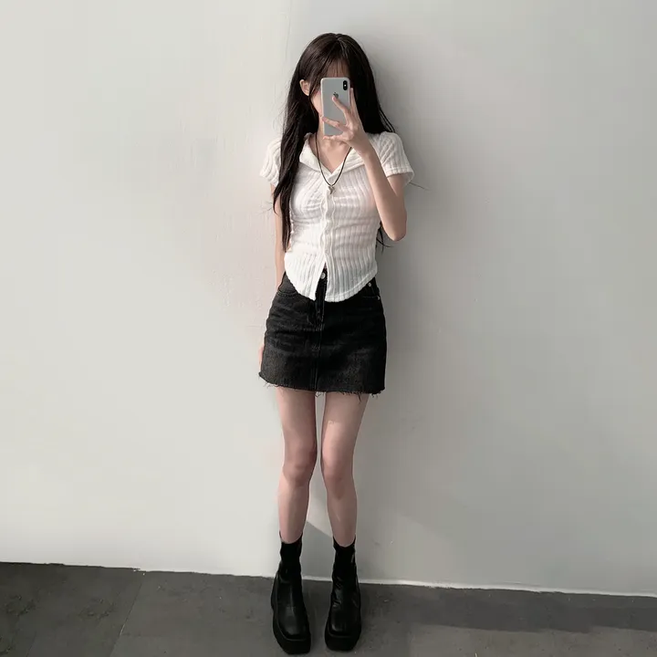 *주문대박* [HIP/코디세트] 골지 카라 셔링 반팔 니트 가디건+흑청 데님 미니스커트 투피스 코디세트 상세 이미지 6