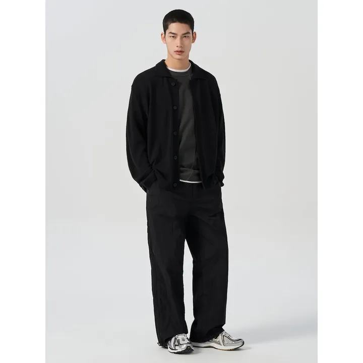 에잇세컨즈 스트링 카라넥 버튼 가디건 블랙