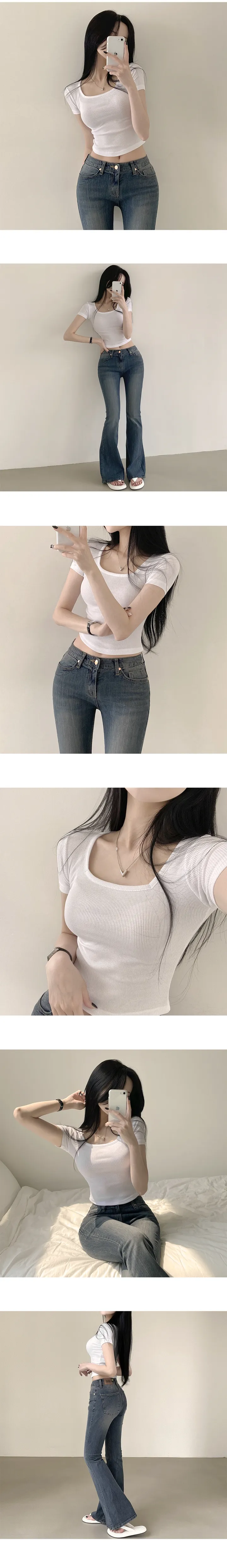 [쫀쫀!,슬림핏/필수템] 몸매 예뻐보이는, 쫀득 스퀘어넥 골지 크롭 반팔티셔츠 (10color) 상세 이미지 2