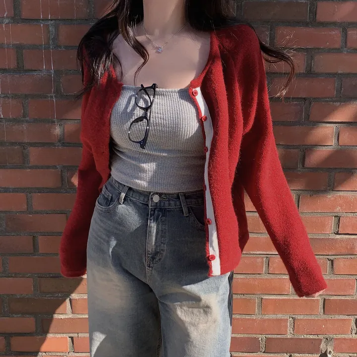 [new컬러추가!/피부하얘보이는❤️]얼굴에 형광등 켰어? 피부 하얘보이는 이유2, 배색 라인 라운드넥 니트 가디건 상세 이미지 17