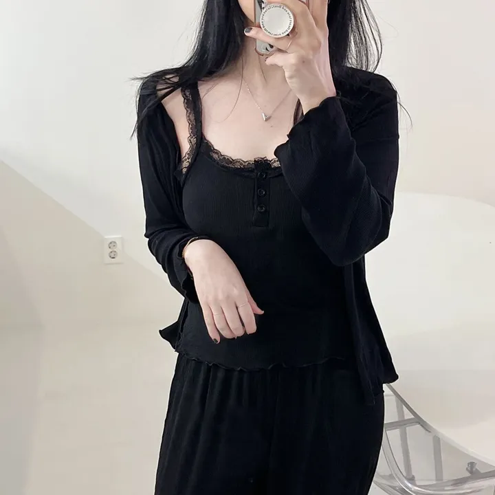 🖤[당일출고/최저가] 4ps 3ps 레이스 캡내장 잠옷 세트 상하 파자마 나시 긴바지 반바지 아우터 가벼운 스판기 섹시한 여성스러운 3피스 4피스 봄 여름 가을 홈웨어 3종 4종 상세 이미지 5