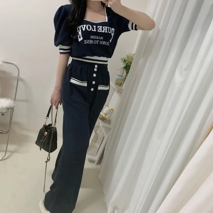 🚀당일발송🚀[세트가격/핏예술-!] 페니 배색 스퀘어넥 레터링 퍼프 시보리 반팔 + 밴딩 버튼 롱 와이드 팬츠 투피스 세트 2color 상세 이미지 13