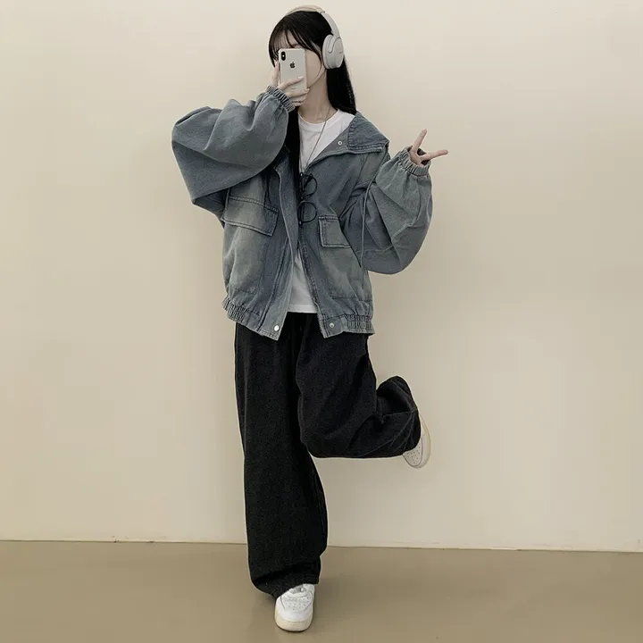 [남여공용/왕오버핏] 데님 투웨이 빅후드 오버핏 워싱 벌룬 청자켓 점퍼 연청 흑청 상세 이미지 7
