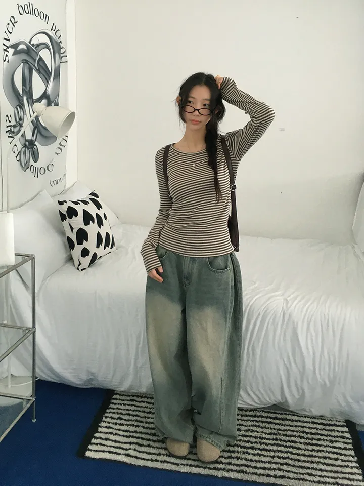 [슬림핏!/간절기,봄필수! 잔단가라 라운드넥 단가라티셔츠 긴팔티셔츠 이너티 기본티] 엘리슬림핏단가라긴팔T 상세 이미지 4