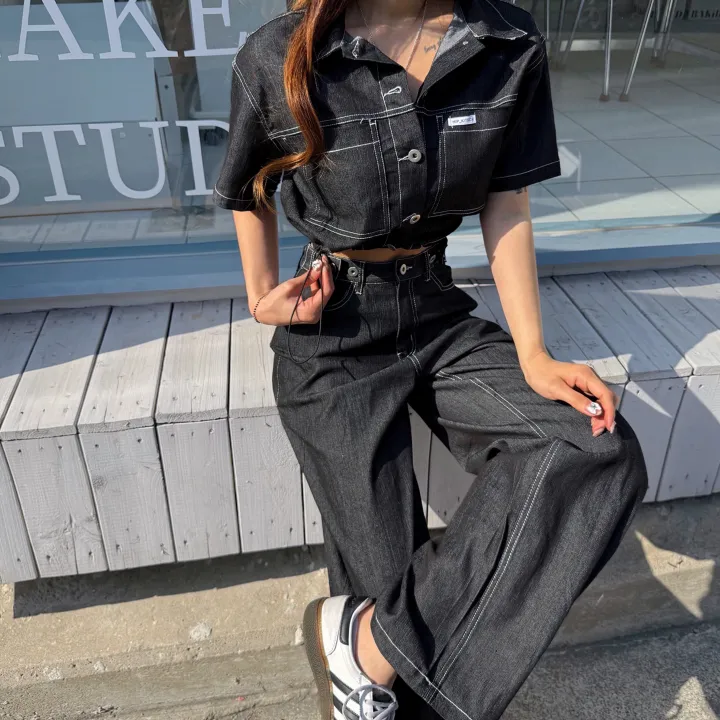 [오직힙샵만/데님투피스] 스티치 생지 포켓 패치 스트링 흑청 크롭 데님 자켓+ 하이 비죠 단추 롱 와이드팬츠 청청 투피스 세트 (2color) 상세 이미지 10