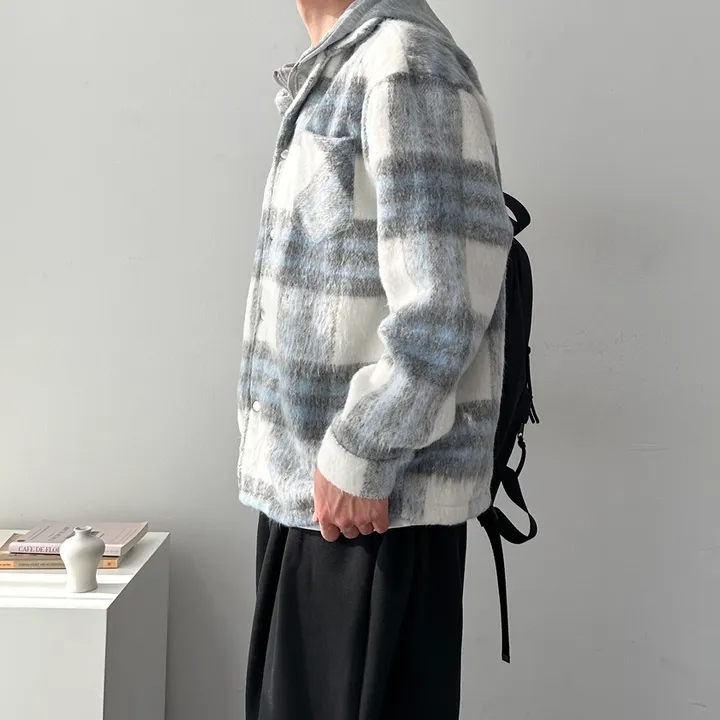 오버핏 체크 하프 코트 자켓 후드 레이어드 미니멀 빅사이즈 아우터 후드레이어드하프체크코트 상세 이미지 12