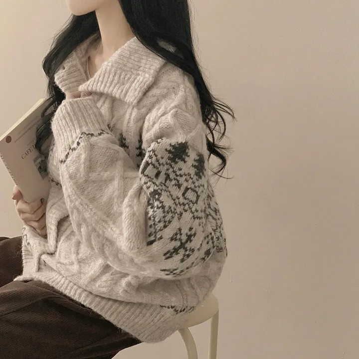 [고퀄!울함유/왕도톰] 포근따뜻~ 아방핏 노르딕 눈꽃 꽈배기 케이블 하이넥 카라 오버핏 가디건 상세 이미지 9