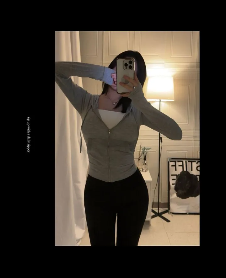 (몸매 보정)슬림핏 하찌  크롭  후드 집업/필라테스 운동복/꾸안꾸/슬림핏/보정핏/스판 후드 집업 상세 이미지 6