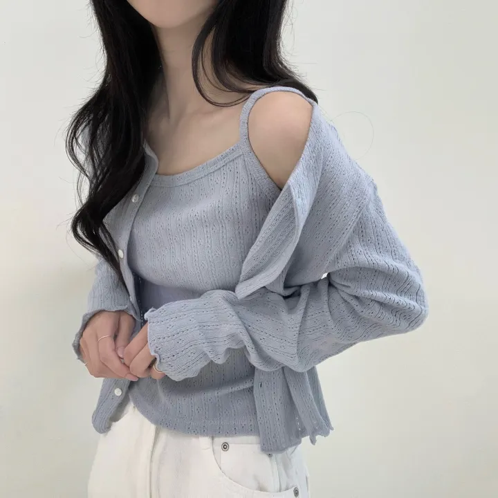 [나시+가디건set/여름까지] 여리여리 로맨틱 무드 펀칭 아일렛 세미크롭 투피스 세트 상세 이미지 4