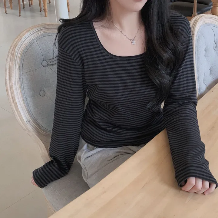[팔말라핏🤍/단가라ver]팔뚝살 부각없는 3탄! 뉴페이스 단가라 스트라이프 스퀘어넥 루즈핏 긴팔티셔츠 상세 이미지 27