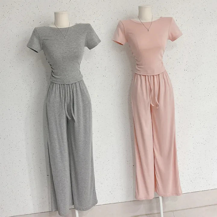 *몸매자동보정* [옆셔링!] 라운드넥 골지 스판 밑단 굴림 반팔 티셔츠 + 밴딩 포켓 와이드 팬츠 투피스 트레이닝 세트 4color 상세 이미지 2