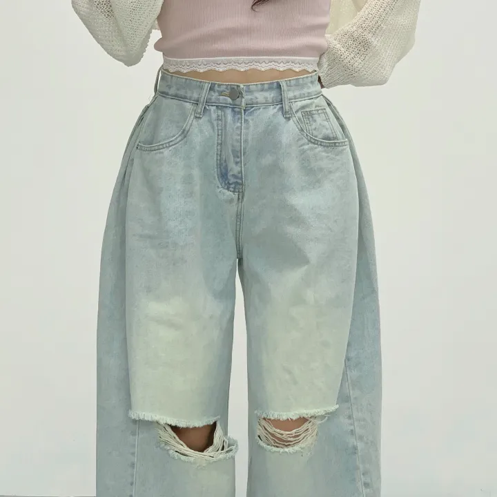 당일🚀[숏,롱/~XL/찐인생바지] 슬릿 찢청 폴딩 빈티지워싱 벌룬핏 옆핀턱 와이드팬츠 무릎트임 데님 청바지 기장선택 빅사이즈까지 오버핏팬츠 여름청바지 상세 이미지 6