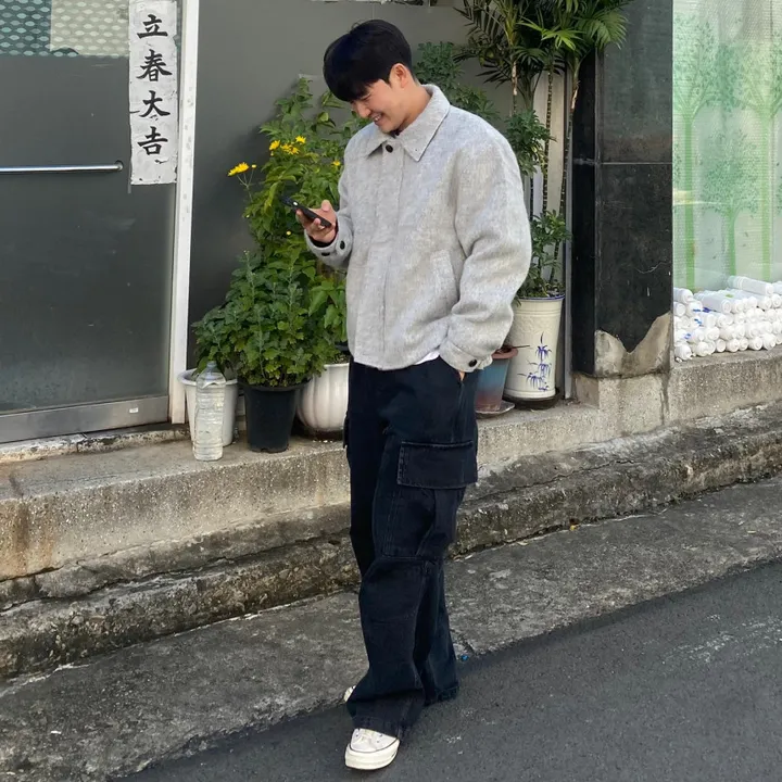 [캐주얼] 배색 남자 커플 오버핏 부클 털 모헤어 울 숏 하프 반 크롭 코트 점퍼 자켓 상세 이미지 41
