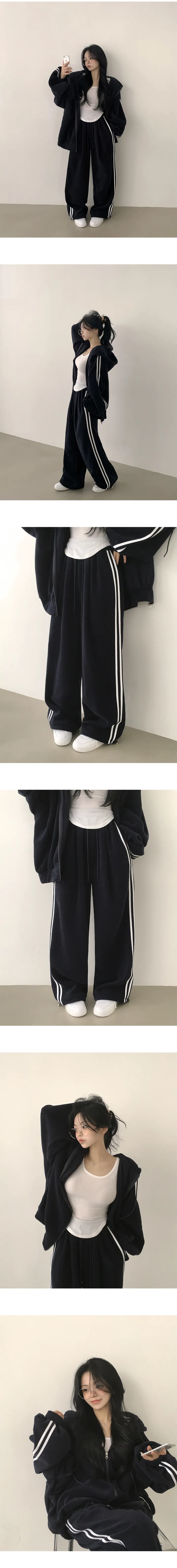 [도톰,포근~/후리스트레이닝세트🤍] 꾸안꾸 정석, 후리스 트랙 오버핏 투웨이 후드집업 + 밴딩 트랙 투웨이 스트링 조거 와이드 트레이닝팬츠 투피스 세트 (5color) 상세 이미지 15