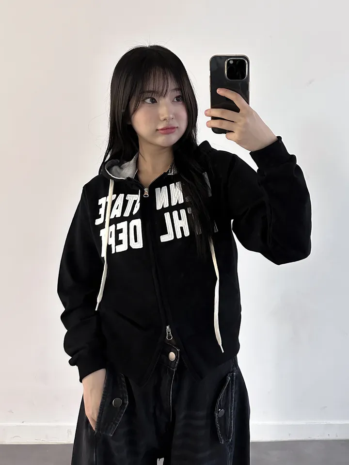 [허리잘록] 스테이트 자수 패치 배색 후드 집업 - 4color 상세 이미지 13