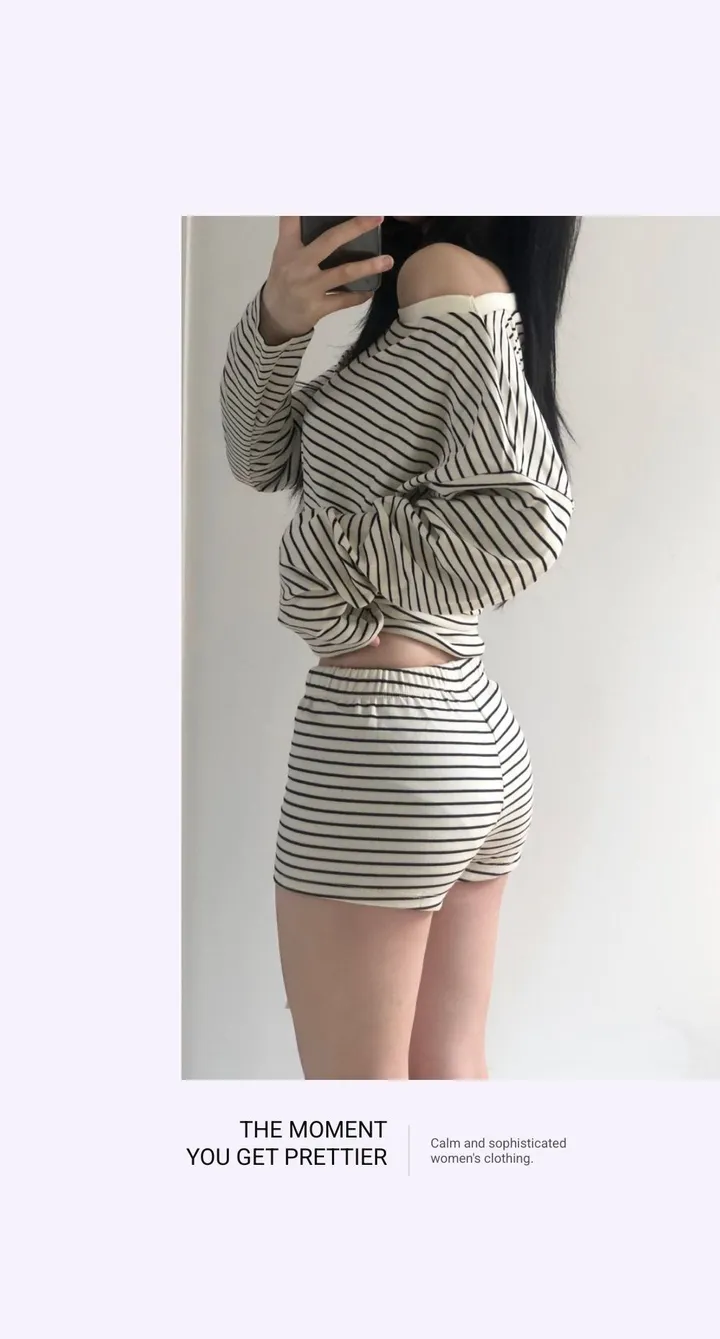 당일💕핏미침🔥몸매보정✨한쪽오프 스트라이프투피스,반바지투피스,환절기,간절기투피스,긴팔세트,반바지세트,데일리,반바지추리닝,밴딩팬츠/꾸안꾸,여행,예쁜추리닝,예쁜트레이닝/바지세트,봄티 상세 이미지 5