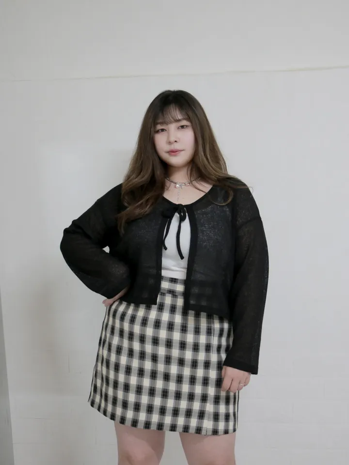 (55-100) 빅사이즈 브이넥 시스루 리본 가디건 살탐방지 얇은가디건 상세 이미지 18