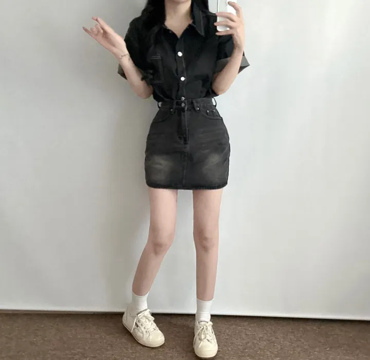 [무채색코디🖤] 오버핏 스티치 반팔 셔츠 + 워싱 흑청 미니 스커트 투피스 코디세트 - 단품,세트선택가능 상세 이미지 8