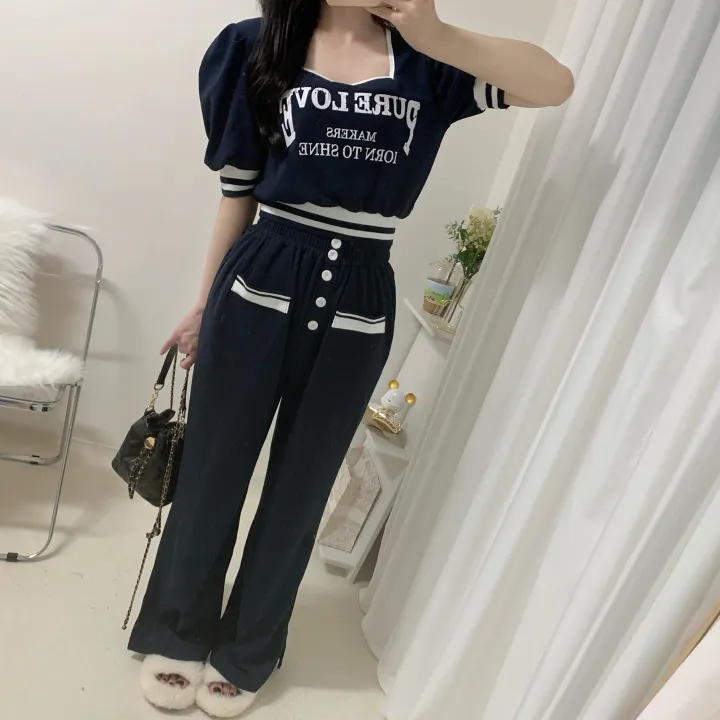 🚀당일발송🚀[세트가격/핏예술-!] 페니 배색 스퀘어넥 레터링 퍼프 시보리 반팔 + 밴딩 버튼 롱 와이드 팬츠 투피스 세트 2color 상세 이미지 2