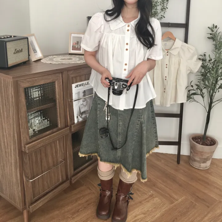 (특가!) [빈티지/우드버튼🌲] 모리걸 라운드카라 셔링 우드 투버튼 반팔 블라우스 상세 이미지 22