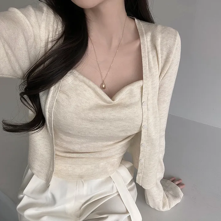 [투피스🧡/청순글램] 가나다란 오렌즈 투피스 드레이프 훌 셔링 슬리브리스 니트 나시 가디건 세트 2color 상세 이미지 8