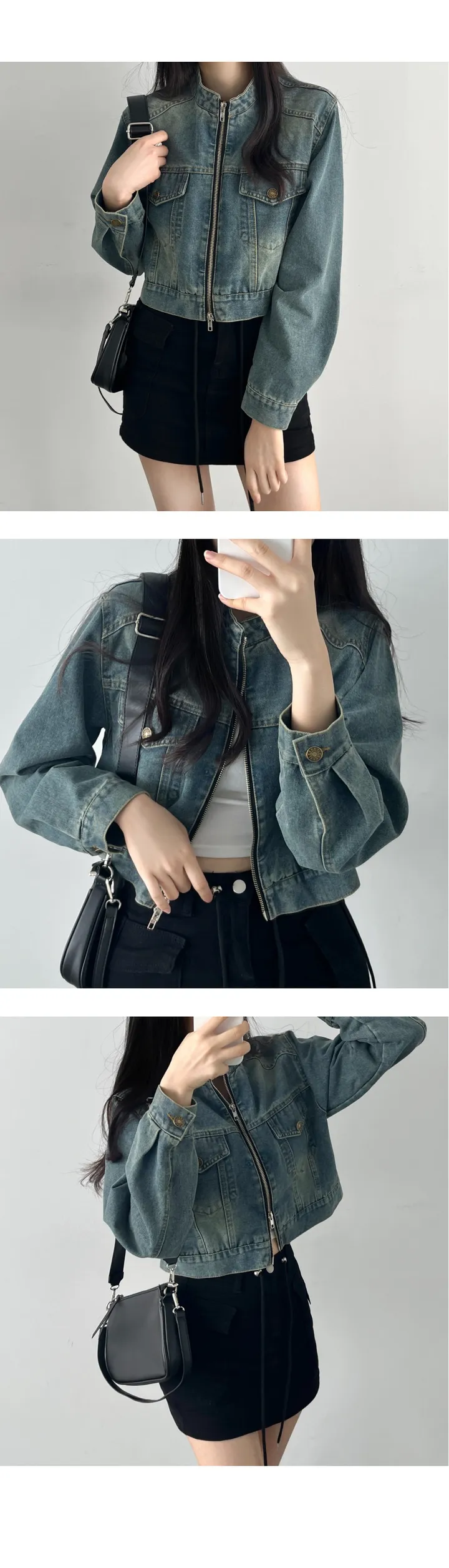 ABLY1등자켓🧡[노카라&투웨이 집업] 빈티지 아방핏 크롭 바이커 데님 청자켓 2color 상세 이미지 8