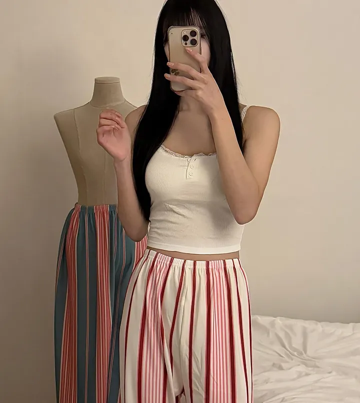 [캡내장/몸매보정] 나시 스트라이프 잠옷세트 캔디팝팝 투피스 긴바지잠옷 홈웨어 파자마 2color 상세 이미지 8