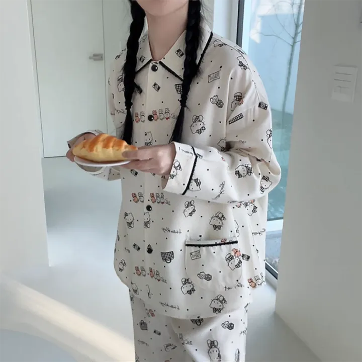 🖤[당일출고/정품/최저가!]🖤 헬로키티 잠옷 파자마 상하세트 면 레이온 봄 가을 박시핏 빅사이즈 오버핏 루즈핏 캐릭터 산리오 땡땡이 도트 원카라 블랙 레이스 선물 파자마파티 상세 이미지 4